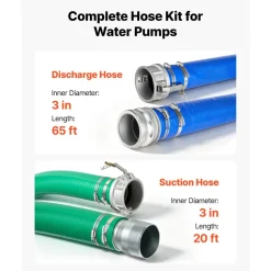VEVOR 3" Suction Hose Kit 65' Blue PVC Backwash 20' Green Suction Hose, for Swimming Pools Water Pumps, Ready-to-Use Setup, with Round-Hole Strainer, Cam & Groove Adapter, Stainless Steel Clamp