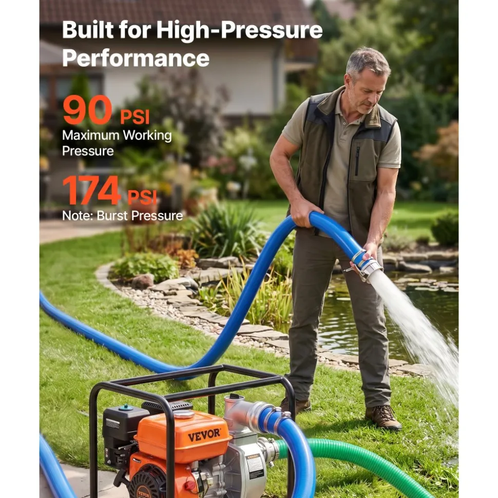 VEVOR 3" Suction Hose Kit 65' Blue PVC Backwash 20' Green Suction Hose, for Swimming Pools Water Pumps, Ready-to-Use Setup, with Round-Hole Strainer, Cam & Groove Adapter, Stainless Steel Clamp