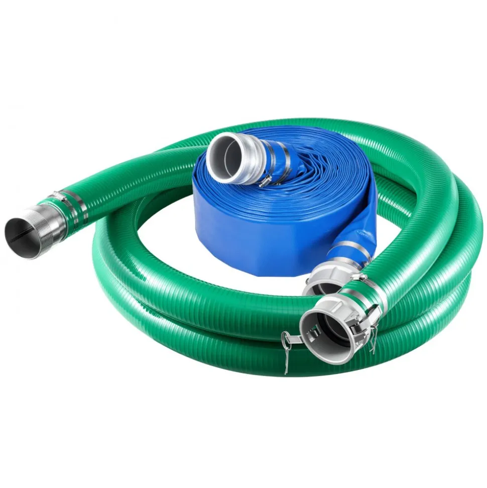 VEVOR 3" Suction Hose Kit 65' Blue PVC Backwash 20' Green Suction Hose, for Swimming Pools Water Pumps, Ready-to-Use Setup, with Round-Hole Strainer, Cam & Groove Adapter, Stainless Steel Clamp