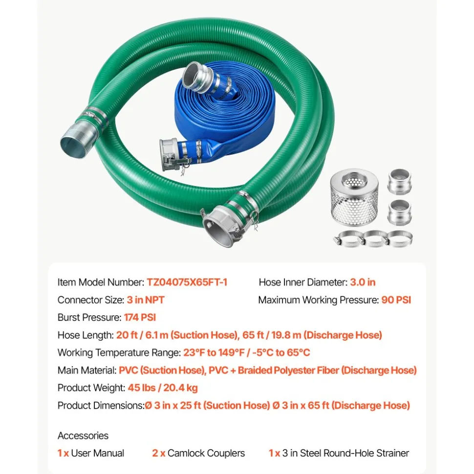 VEVOR 3" Suction Hose Kit 65' Blue PVC Backwash 20' Green Suction Hose, for Swimming Pools Water Pumps, Ready-to-Use Setup, with Round-Hole Strainer, Cam & Groove Adapter, Stainless Steel Clamp