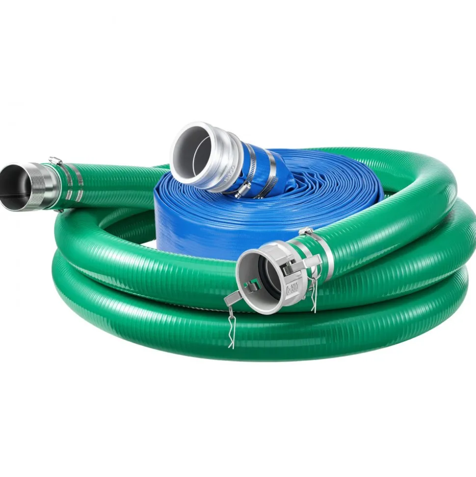 VEVOR 3" Suction Hose Kit 65' Blue PVC Backwash 20' Green Suction Hose, for Swimming Pools Water Pumps, Ready-to-Use Setup, with Round-Hole Strainer, Cam & Groove Adapter, Stainless Steel Clamp