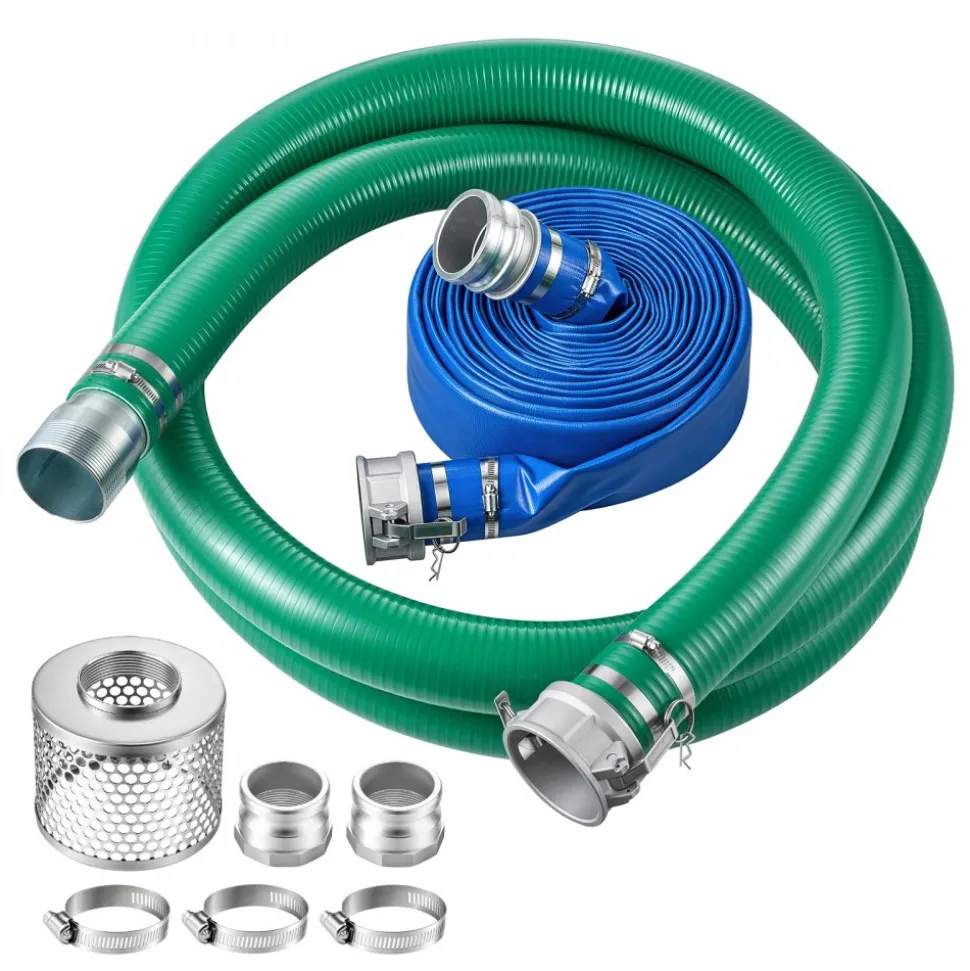 VEVOR 3" Suction Hose Kit 65' Blue PVC Backwash 20' Green Suction Hose, for Swimming Pools Water Pumps, Ready-to-Use Setup, with Round-Hole Strainer, Cam & Groove Adapter, Stainless Steel Clamp