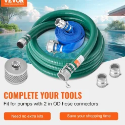 VEVOR Suction Hose Kit for Water Pump, with 2 in x 65 ft Blue Backwash Hose, 20 ft Green Suction Hose, and Steel Round Hole Strainer, Camlocks, Clamps, Cam & Groove Adapter, for Multiple Purposes