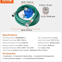 VEVOR Suction Hose Kit for Water Pump, with 2 in x 65 ft Blue Backwash Hose, 20 ft Green Suction Hose, and Steel Round Hole Strainer, Camlocks, Clamps, Cam & Groove Adapter, for Multiple Purposes