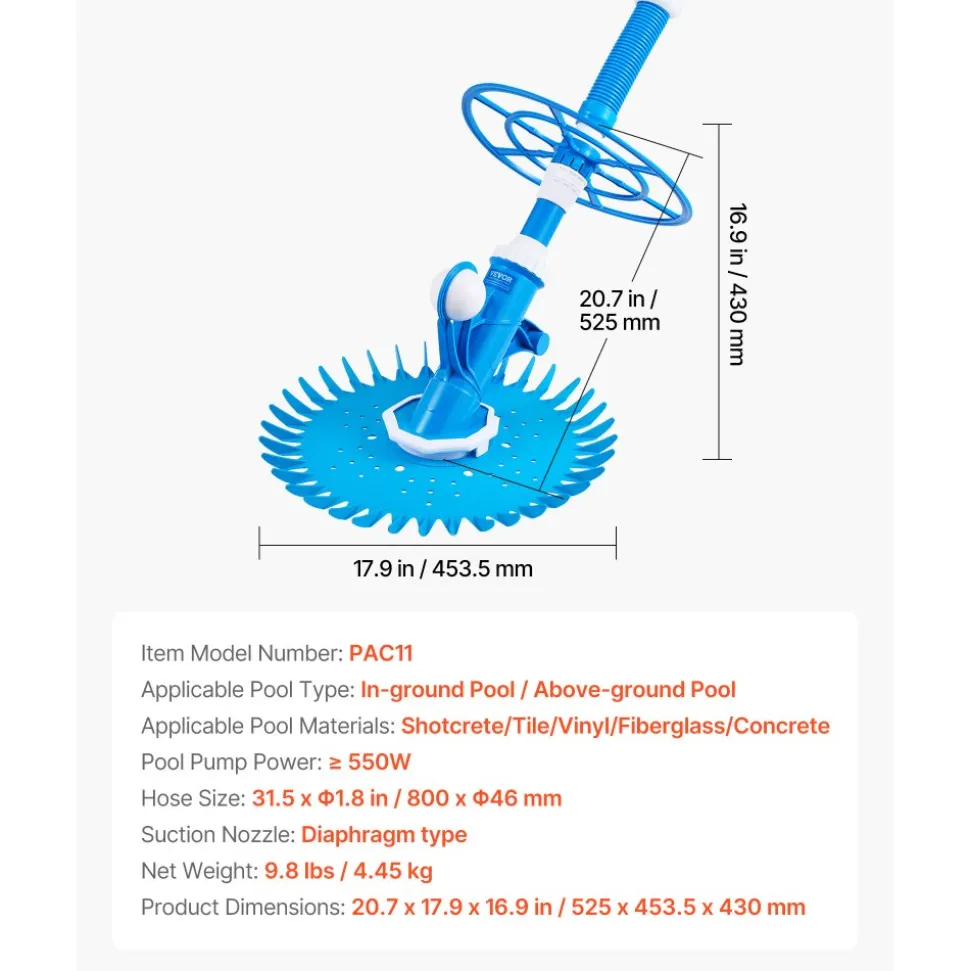 VEVOR Suction Pool Cleaner, Automatic Pool Vacuum Cleaner, Suction Side Automatic Pool Cleaner, Suction Vacuum Pool Sweeper with 12 Hoses, for In-ground Pool and Above-ground Pool Up to 20 x 35 ft