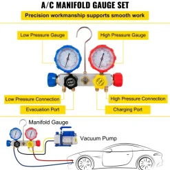 VEVOR Suction Pump 4.8CFM 1/4 HP Single Stage for HVAC A/C Cooling Systems, 5PA Ultimate Vacuum, Manifold Gauge Kit R410A R134A R22, Includes 4-Way Gauge & Hose