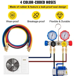 VEVOR Suction Pump 4.8CFM 1/4 HP Single Stage for HVAC A/C Cooling Systems, 5PA Ultimate Vacuum, Manifold Gauge Kit R410A R134A R22, Includes 4-Way Gauge & Hose