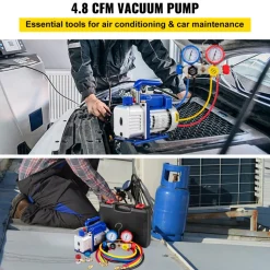 VEVOR Suction Pump 4.8CFM 1/4 HP Single Stage for HVAC A/C Cooling Systems, 5PA Ultimate Vacuum, Manifold Gauge Kit R410A R134A R22, Includes 4-Way Gauge & Hose