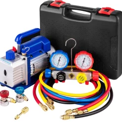 VEVOR Suction Pump 4.8CFM 1/4 HP Single Stage for HVAC A/C Cooling Systems, 5PA Ultimate Vacuum, Manifold Gauge Kit R410A R134A R22, Includes 4-Way Gauge & Hose