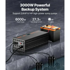 VEVOR Sump Pump Battery Backup System, 3000W, Auto Switches to Battery Inverter for Continuous Sump Pump Operation, Pure Sine Wave, LCD Display, for Basement Protection Emergency and Power Outage