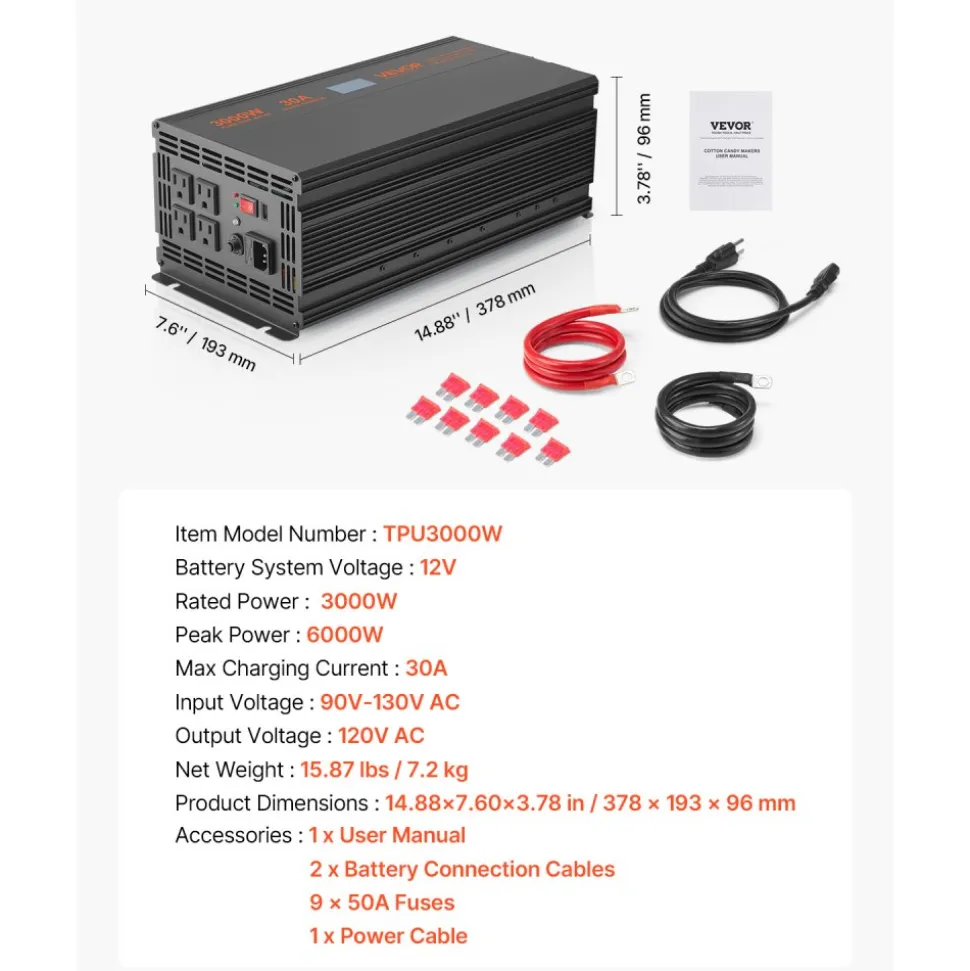 VEVOR Sump Pump Battery Backup System, 3000W, Auto Switches to Battery Inverter for Continuous Sump Pump Operation, Pure Sine Wave, LCD Display, for Basement Protection Emergency and Power Outage