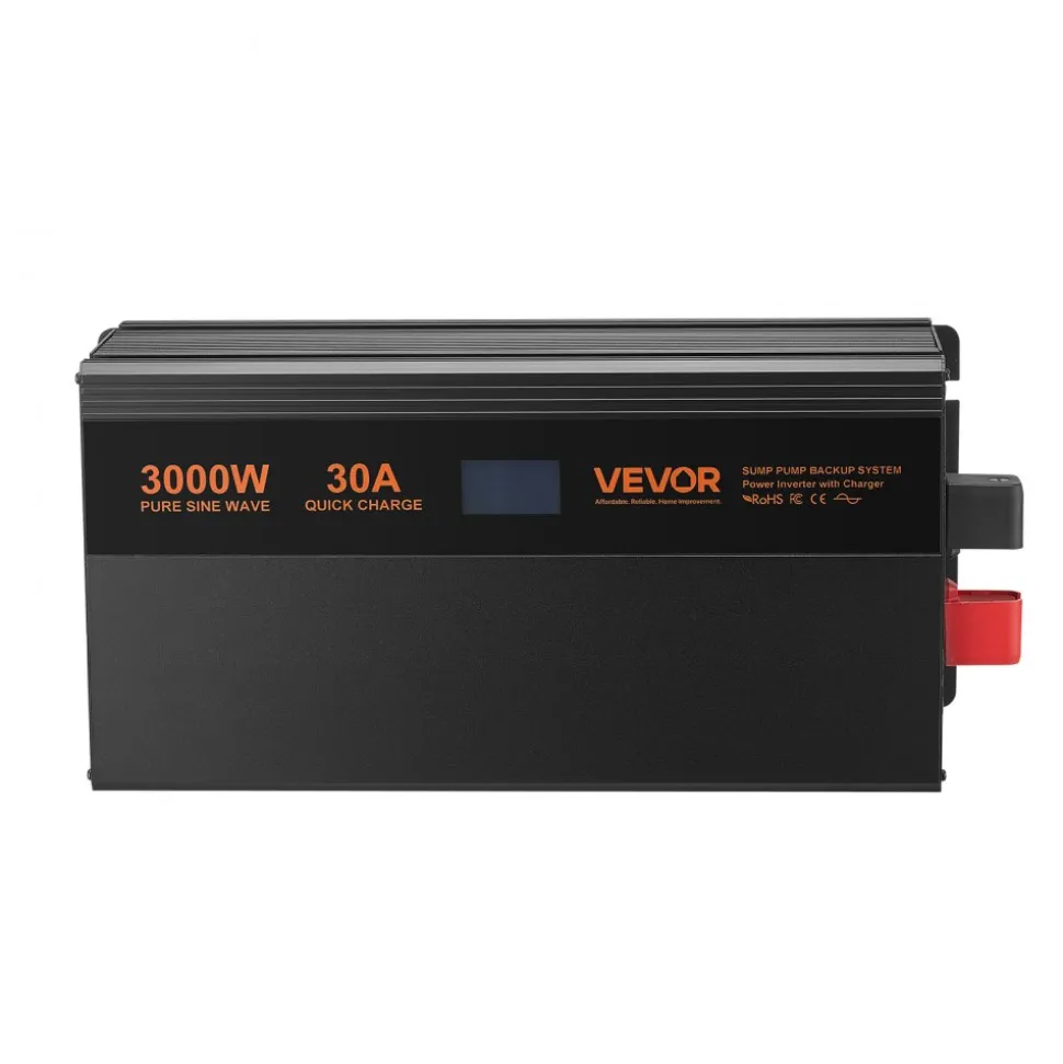 VEVOR Sump Pump Battery Backup System, 3000W, Auto Switches to Battery Inverter for Continuous Sump Pump Operation, Pure Sine Wave, LCD Display, for Basement Protection Emergency and Power Outage