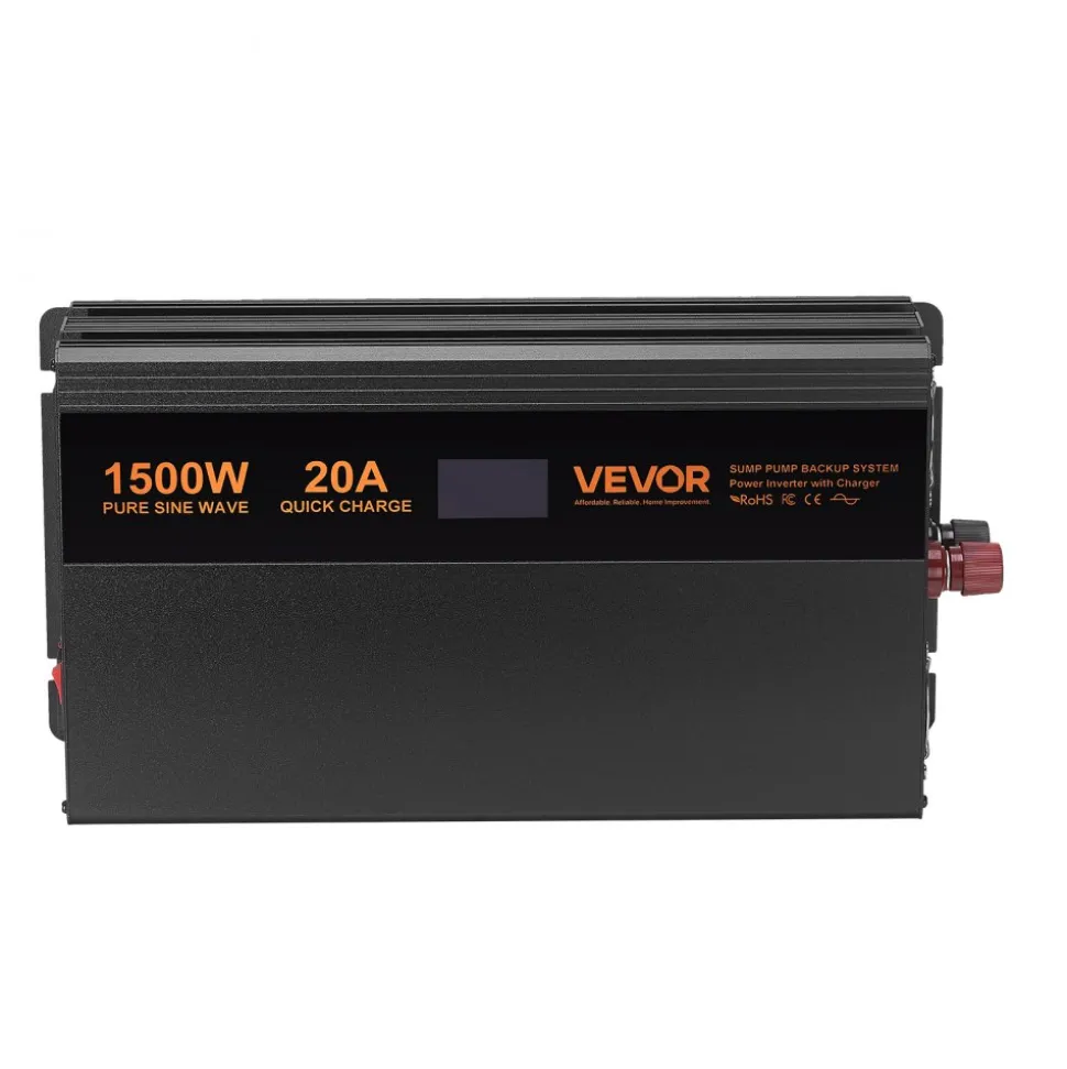 VEVOR Sump Pump Battery Backup System, 1500W, Auto Switches to Battery Inverter for Continuous Sump Pump Operation, Pure Sine Wave, LCD Display, for Basement Protection Emergency and Power Outage