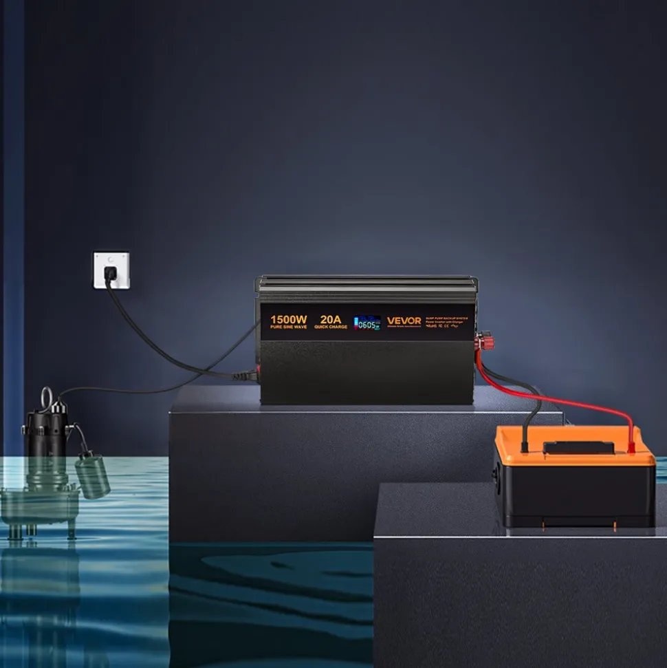 VEVOR Sump Pump Battery Backup System, 1500W, Auto Switches to Battery Inverter for Continuous Sump Pump Operation, Pure Sine Wave, LCD Display, for Basement Protection Emergency and Power Outage