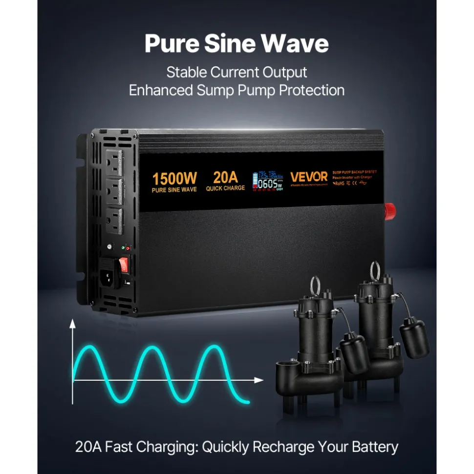 VEVOR Sump Pump Battery Backup System, 1500W, Auto Switches to Battery Inverter for Continuous Sump Pump Operation, Pure Sine Wave, LCD Display, for Basement Protection Emergency and Power Outage