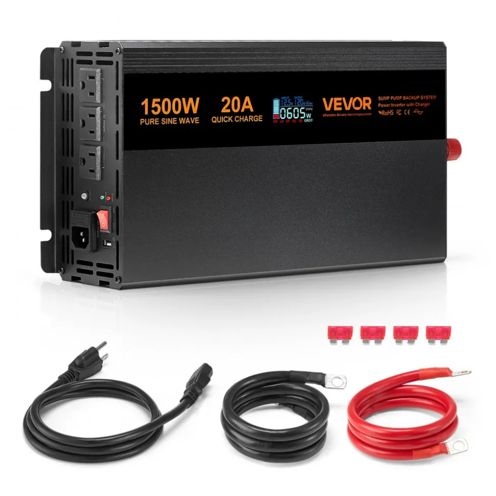 VEVOR Sump Pump Battery Backup System, 1500W, Auto Switches to Battery Inverter for Continuous Sump Pump Operation, Pure Sine Wave, LCD Display, for Basement Protection Emergency and Power Outage