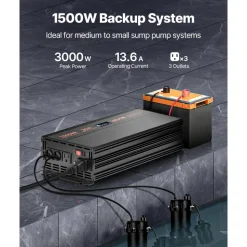VEVOR Sump Pump Battery Backup System, 1500W, Auto Switches to Battery Inverter for Continuous Sump Pump Operation, Pure Sine Wave, LCD Display, for Basement Protection Emergency and Power Outage