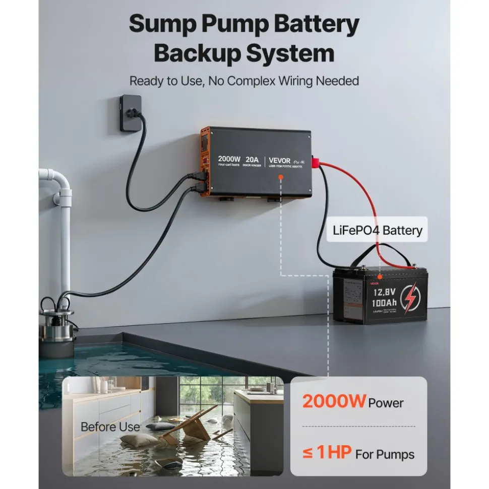 VEVOR Sump Pump Battery Bundle, 2000W, Backup System with 100 Ah LiFePO4 Battery, Auto Switches to Inverter for Sump Pump, Pure Sine Wave, LCD Display, for Basement Protection Emergency Power Outage