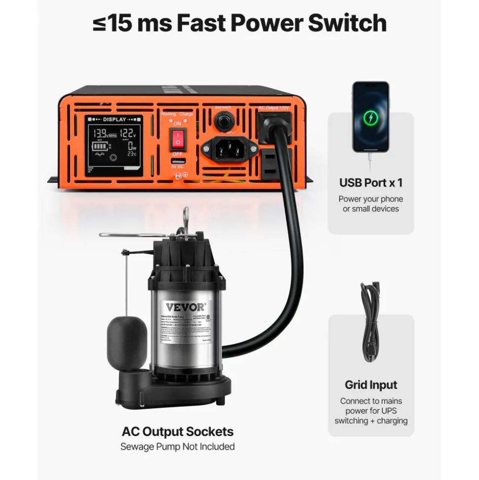 VEVOR Sump Pump Battery Bundle, 2000W, Backup System with 100 Ah LiFePO4 Battery, Auto Switches to Inverter for Sump Pump, Pure Sine Wave, LCD Display, for Basement Protection Emergency Power Outage