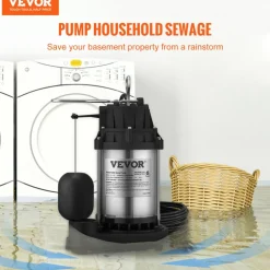 VEVOR Sump Pump, 1/2 HP 3960 GPH, Submersible Stainless Steel Water Pump, 1-1/2" NPT Discharge With 33 ft Cord, Automatic Float Switch with Piggy-back Plug, for Indoor Basement Water Basin