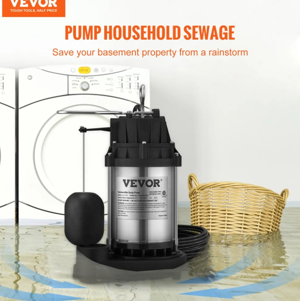 VEVOR Sump Pump, 1/2 HP 3960 GPH, Submersible Stainless Steel Water Pump, 1-1/2" NPT Discharge With 33 ft Cord, Automatic Float Switch with Piggy-back Plug, for Indoor Basement Water Basin