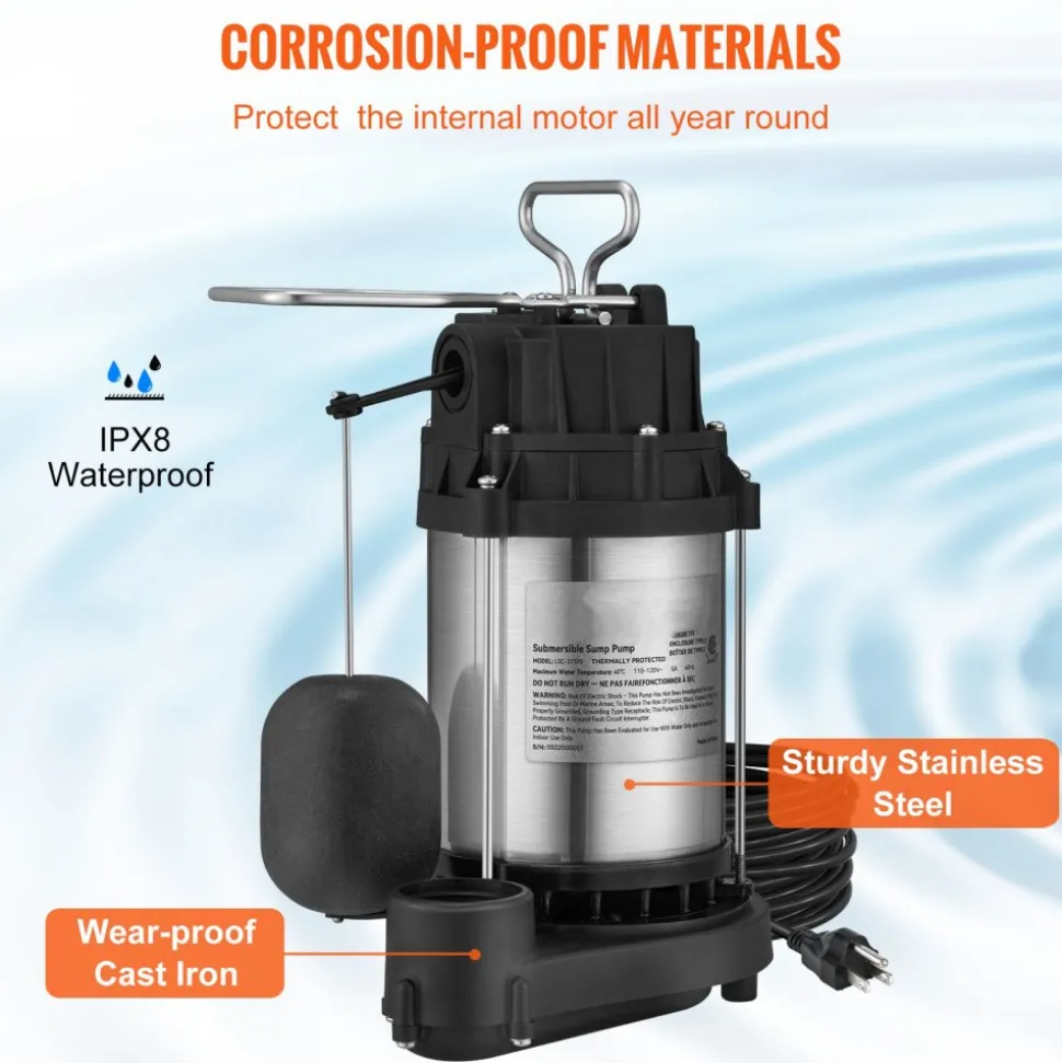VEVOR Sump Pump, 1/2 HP 3960 GPH, Submersible Stainless Steel Water Pump, 1-1/2" NPT Discharge With 33 ft Cord, Automatic Float Switch with Piggy-back Plug, for Indoor Basement Water Basin