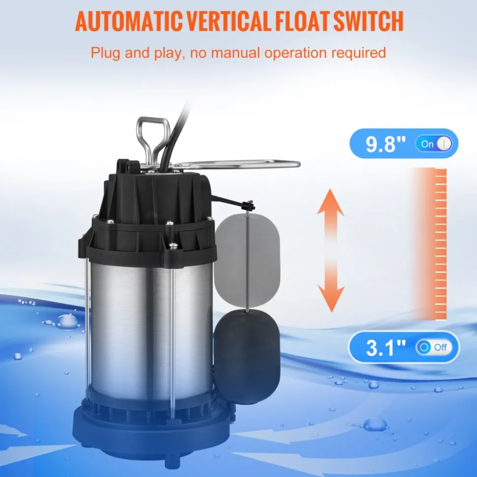 VEVOR Sump Pump, 1/2 HP 3960 GPH, Submersible Stainless Steel Water Pump, 1-1/2" NPT Discharge With 33 ft Cord, Automatic Float Switch with Piggy-back Plug, for Indoor Basement Water Basin