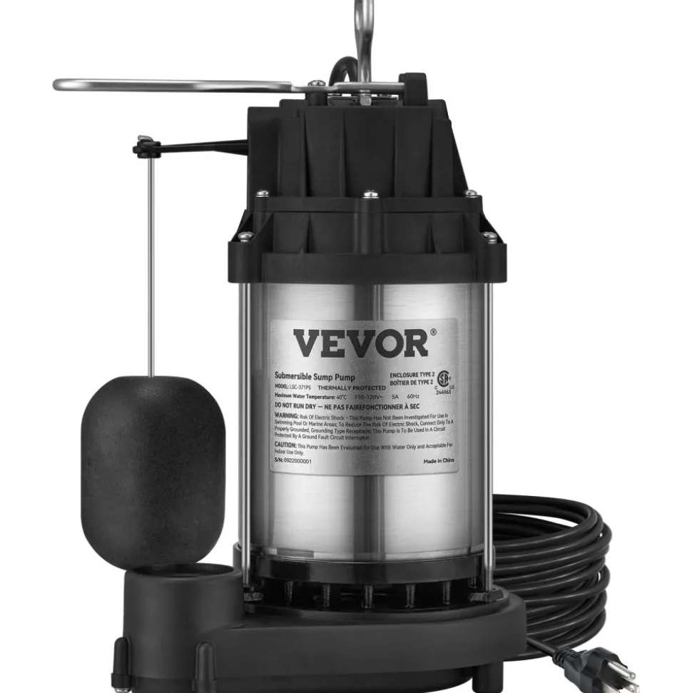 VEVOR Sump Pump, 1/2 HP 3960 GPH, Submersible Stainless Steel Water Pump, 1-1/2" NPT Discharge With 33 ft Cord, Automatic Float Switch with Piggy-back Plug, for Indoor Basement Water Basin