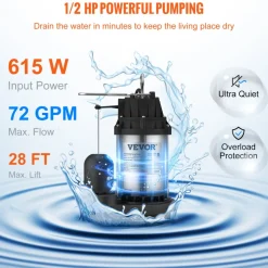 VEVOR Sump Pump, 1/2 HP 3960 GPH, Submersible Stainless Steel Water Pump, 1-1/2