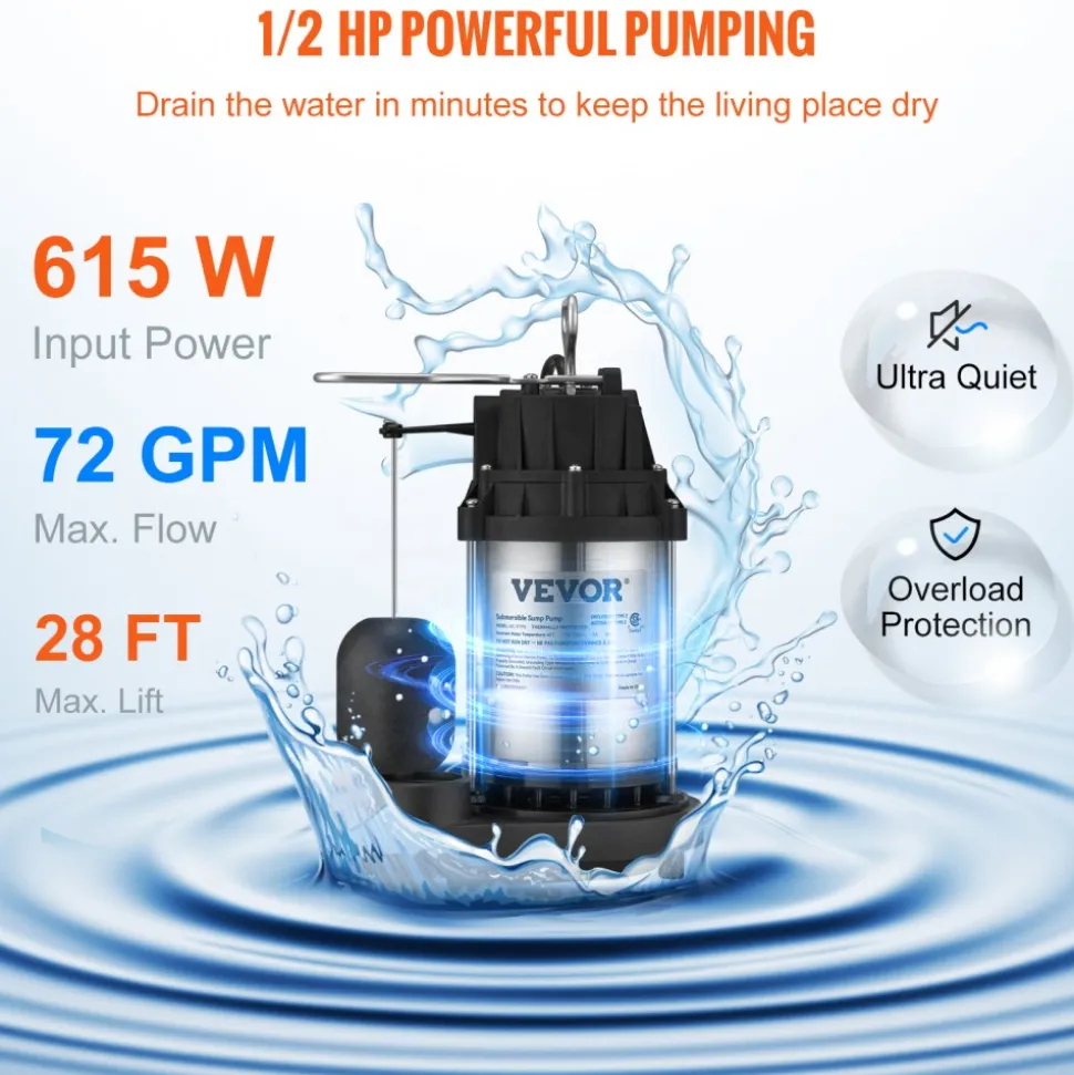VEVOR Sump Pump, 1/2 HP 3960 GPH, Submersible Stainless Steel Water Pump, 1-1/2" NPT Discharge With 33 ft Cord, Automatic Float Switch with Piggy-back Plug, for Indoor Basement Water Basin