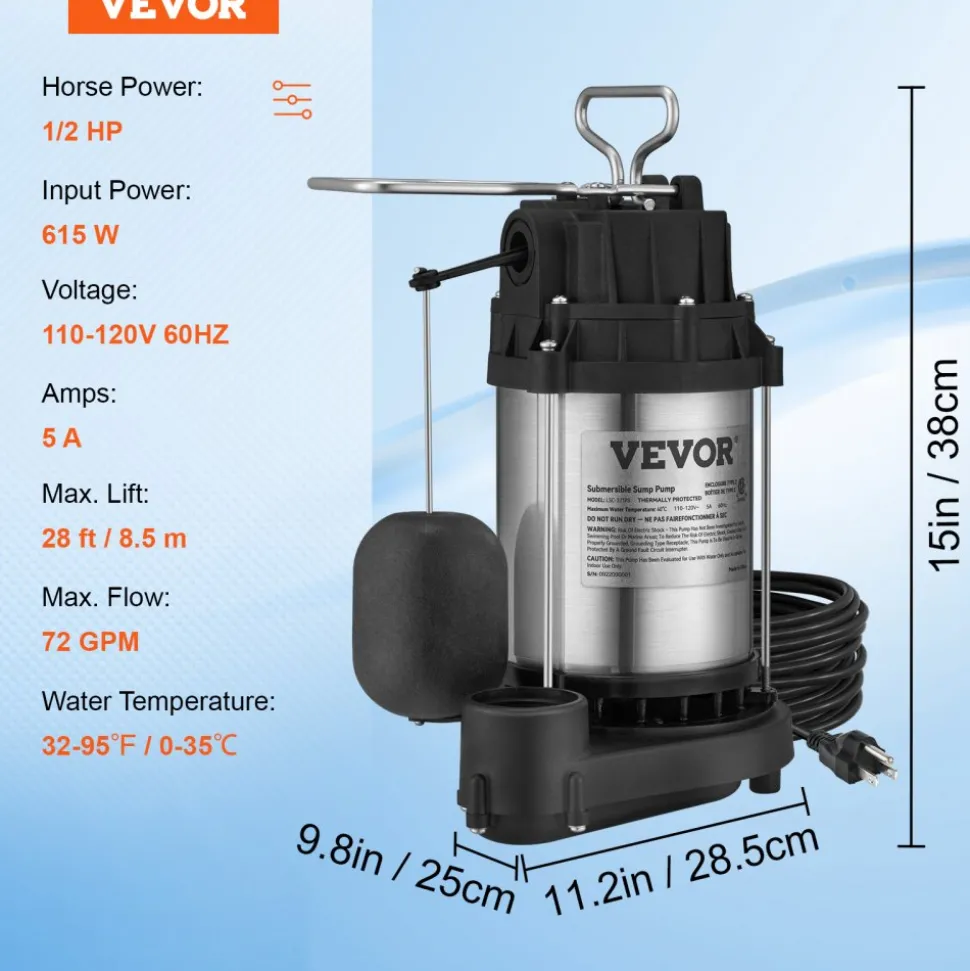 VEVOR Sump Pump, 1/2 HP 3960 GPH, Submersible Stainless Steel Water Pump, 1-1/2" NPT Discharge With 33 ft Cord, Automatic Float Switch with Piggy-back Plug, for Indoor Basement Water Basin