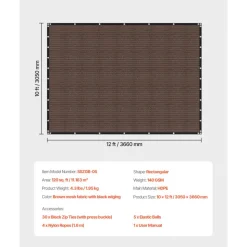VEVOR 90% Sun Shade Cloth, 10 x 12 ft Pergola Shade Cover with Stainless Steel Grommets, Sun Shades Canopy Privacy Screen with 140 GSM HDPE Material, for Outdoor, Patio, Garden, and Backyard (Brown)