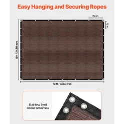 VEVOR 90% Sun Shade Cloth, 8 x 12 ft Pergola Shade Cover with Stainless Steel Grommets, Sun Shades Canopy Privacy Screen with 140 GSM HDPE Material, for Outdoor, Patio, Garden, and Backyard (Brown)