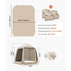 VEVOR Sun Shade Sail Canopy Covers, Fit for 10 x 9.2 ft Screen House Tent, Sun Protection, 5.51 x 4.23 ft 300D Oxford Silver-Coated Fabric, Pack of 3 (Not Include Tent), for Outdoor Activities, Beige