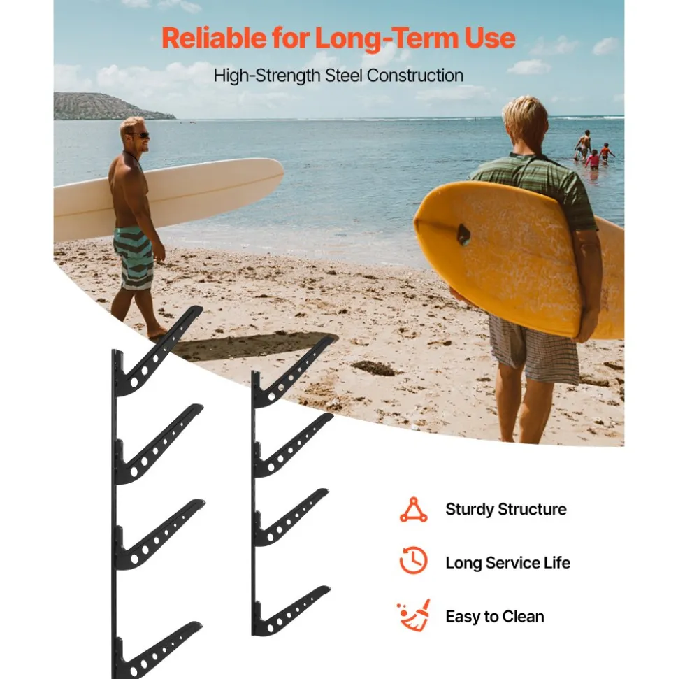 VEVOR Surfboard Wall Mount, 4 Tiers Horizontal Surfboard Rack for Storage and Display, Adjustable Height Metal Board Stand Organizer, Surf Board Holder for Snowboards, Kiteboards, Shortboard, Skis