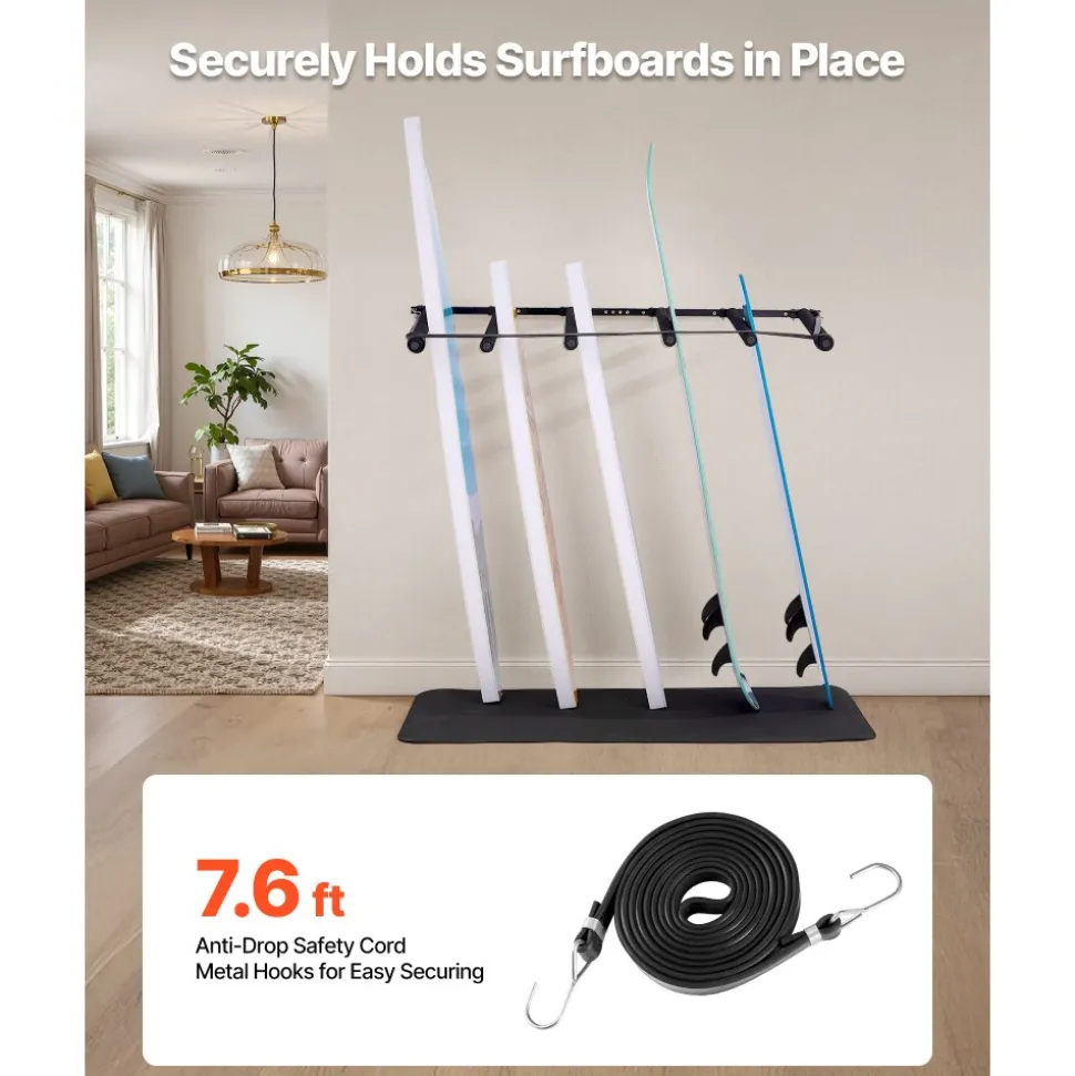 VEVOR Surfboard Wall Mount, 5 Tiers Vertical Surfboard Rack for Storage and Display, Adjustable Metal Board Stand Organizer with Sponge Pad, Surf Board Holder for Snowboards, Kiteboards, Shortboard