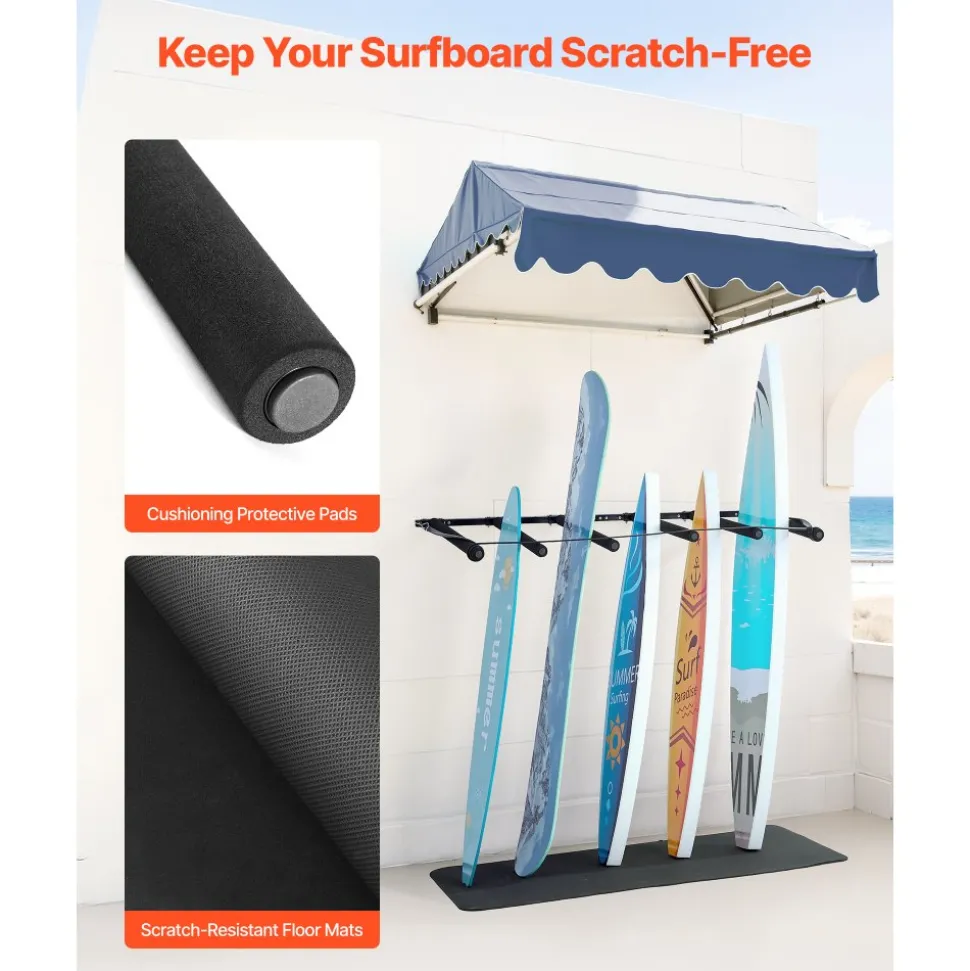 VEVOR Surfboard Wall Mount, 5 Tiers Vertical Surfboard Rack for Storage and Display, Adjustable Metal Board Stand Organizer with Sponge Pad, Surf Board Holder for Snowboards, Kiteboards, Shortboard