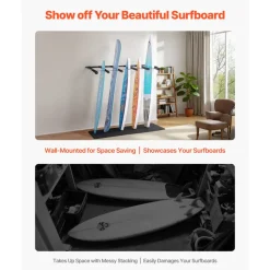 VEVOR Surfboard Wall Mount, 5 Tiers Vertical Surfboard Rack for Storage and Display, Adjustable Metal Board Stand Organizer with Sponge Pad, Surf Board Holder for Snowboards, Kiteboards, Shortboard