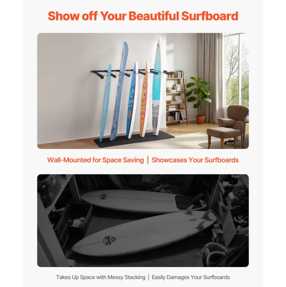 VEVOR Surfboard Wall Mount, 5 Tiers Vertical Surfboard Rack for Storage and Display, Adjustable Metal Board Stand Organizer with Sponge Pad, Surf Board Holder for Snowboards, Kiteboards, Shortboard