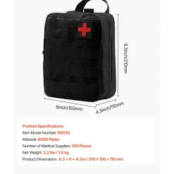 VEVOR Survival First Aid Kit, 250 Pieces, 600D Nylon Trauma First Aid Bag, Survival Gear and Equipment, Emergency Kits, for Men Women Camping, Boat, Earthquake, Hiking, Hunting, and Outdoor Adventure