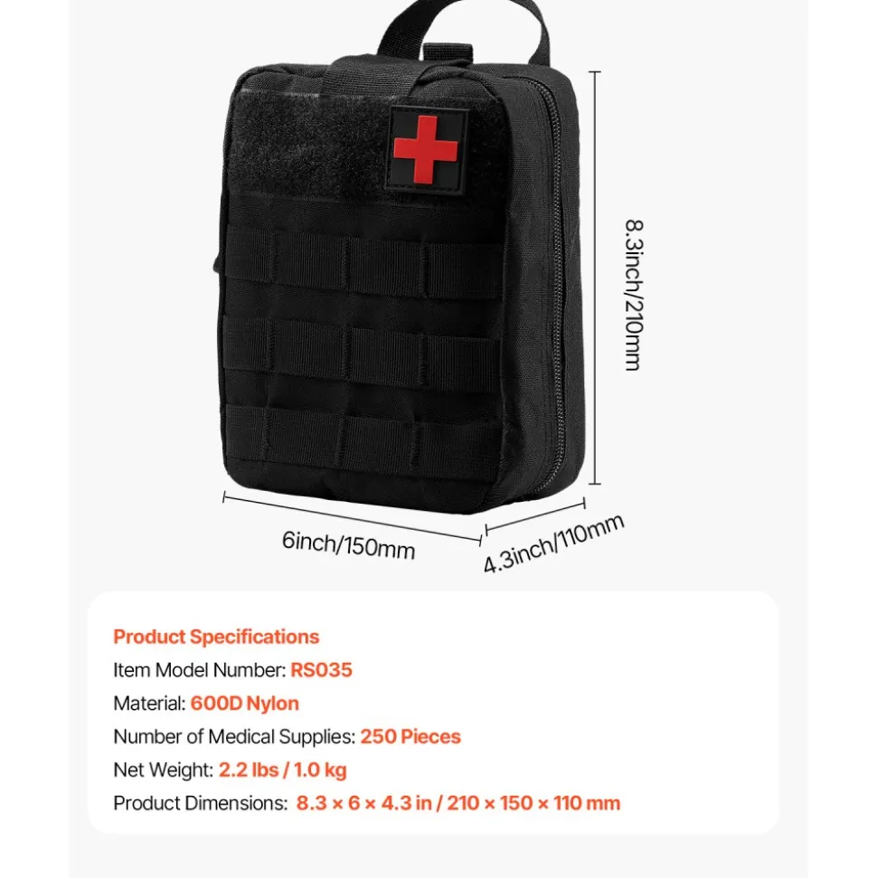 VEVOR Survival First Aid Kit, 250 Pieces, 600D Nylon Trauma First Aid Bag, Survival Gear and Equipment, Emergency Kits, for Men Women Camping, Boat, Earthquake, Hiking, Hunting, and Outdoor Adventure