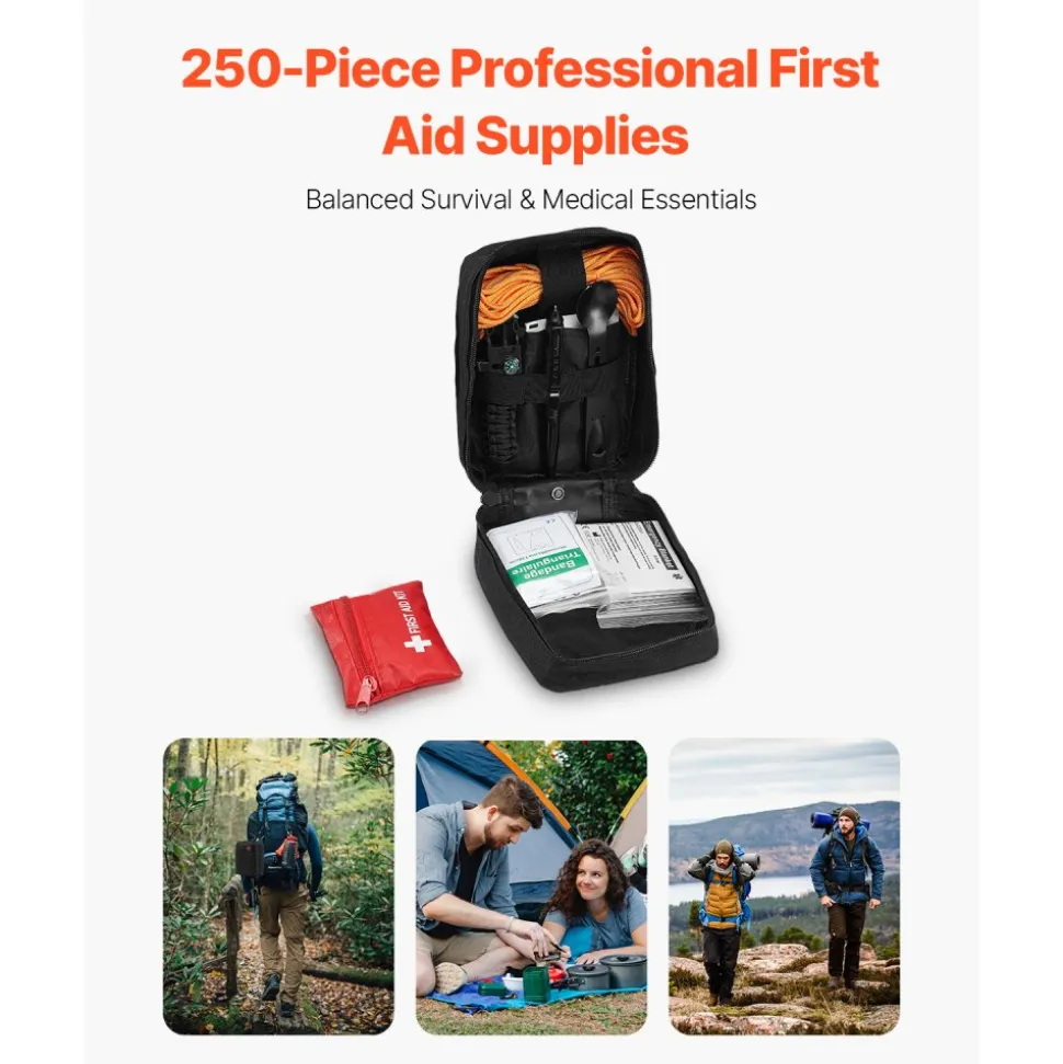 VEVOR Survival First Aid Kit, 250 Pieces, 600D Nylon Trauma First Aid Bag, Survival Gear and Equipment, Emergency Kits, for Men Women Camping, Boat, Earthquake, Hiking, Hunting, and Outdoor Adventure