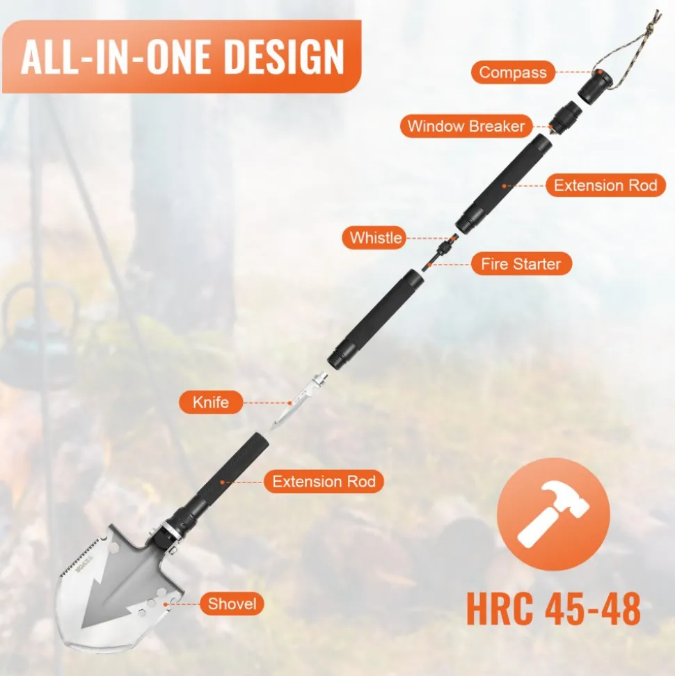 VEVOR Survival Shovel, 11 in 1 Camping Shovel Folding Multitool, Military Grade Portable Compact Tactical Shovel, Multifunction for Off-Roading, Camping, Hiking, Outdoor, Survivalist and Emergency