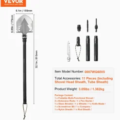 VEVOR Survival Shovel, 11 in 1 Camping Shovel Folding Multitool, Military Grade Portable Compact Tactical Shovel, Multifunction for Off-Roading, Camping, Hiking, Outdoor, Survivalist and Emergency