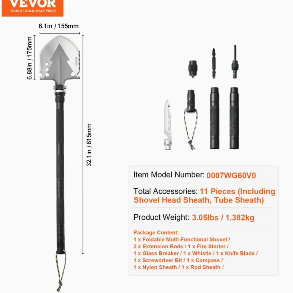 VEVOR Survival Shovel, 11 in 1 Camping Shovel Folding Multitool, Military Grade Portable Compact Tactical Shovel, Multifunction for Off-Roading, Camping, Hiking, Outdoor, Survivalist and Emergency