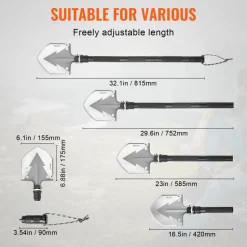 VEVOR Survival Shovel, 11 in 1 Camping Shovel Folding Multitool, Military Grade Portable Compact Tactical Shovel, Multifunction for Off-Roading, Camping, Hiking, Outdoor, Survivalist and Emergency