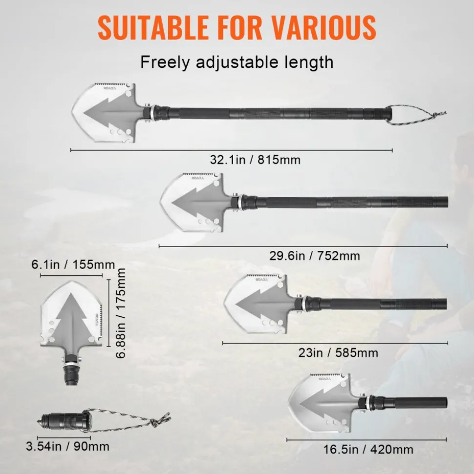 VEVOR Survival Shovel, 11 in 1 Camping Shovel Folding Multitool, Military Grade Portable Compact Tactical Shovel, Multifunction for Off-Roading, Camping, Hiking, Outdoor, Survivalist and Emergency