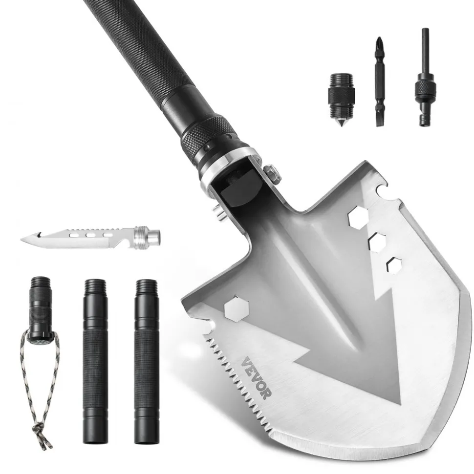 VEVOR Survival Shovel, 11 in 1 Camping Shovel Folding Multitool, Military Grade Portable Compact Tactical Shovel, Multifunction for Off-Roading, Camping, Hiking, Outdoor, Survivalist and Emergency