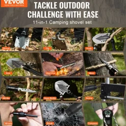 VEVOR Survival Shovel, 11 in 1 Camping Shovel Folding Multitool, Military Grade Portable Compact Tactical Shovel, Multifunction for Off-Roading, Camping, Hiking, Outdoor, Survivalist and Emergency