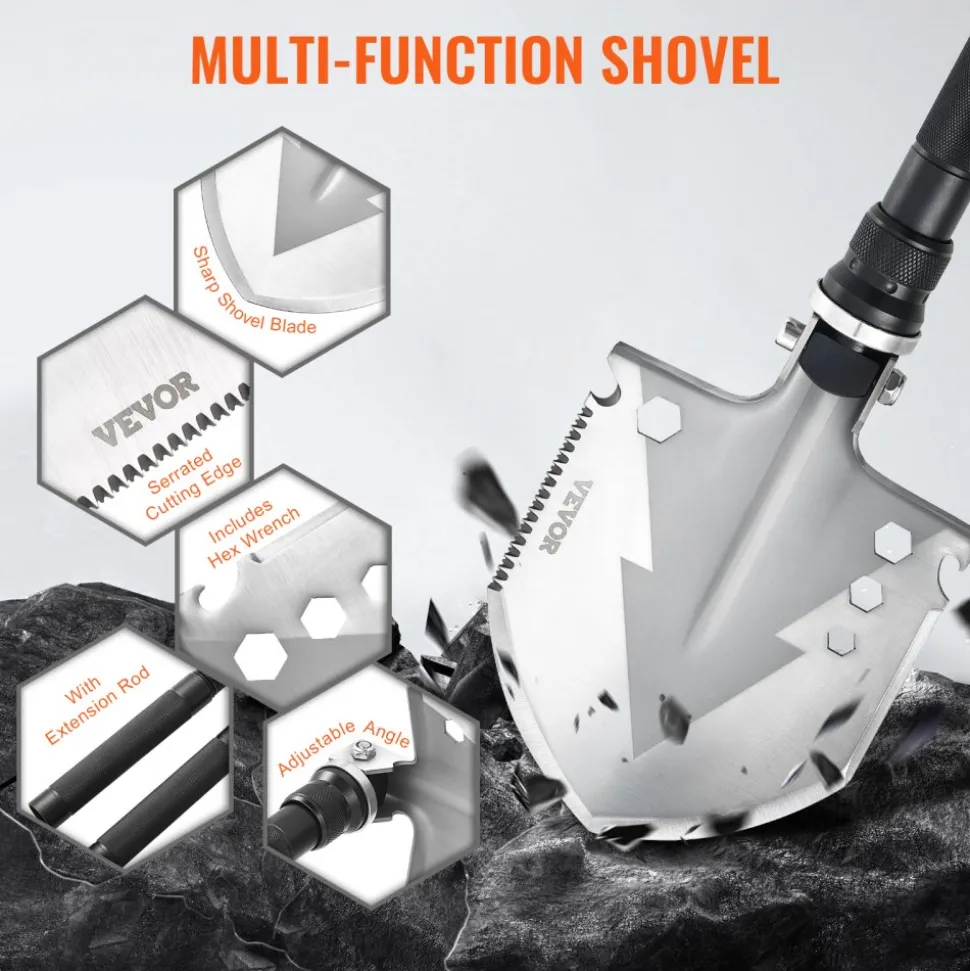 VEVOR Survival Shovel, 11 in 1 Camping Shovel Folding Multitool, Military Grade Portable Compact Tactical Shovel, Multifunction for Off-Roading, Camping, Hiking, Outdoor, Survivalist and Emergency